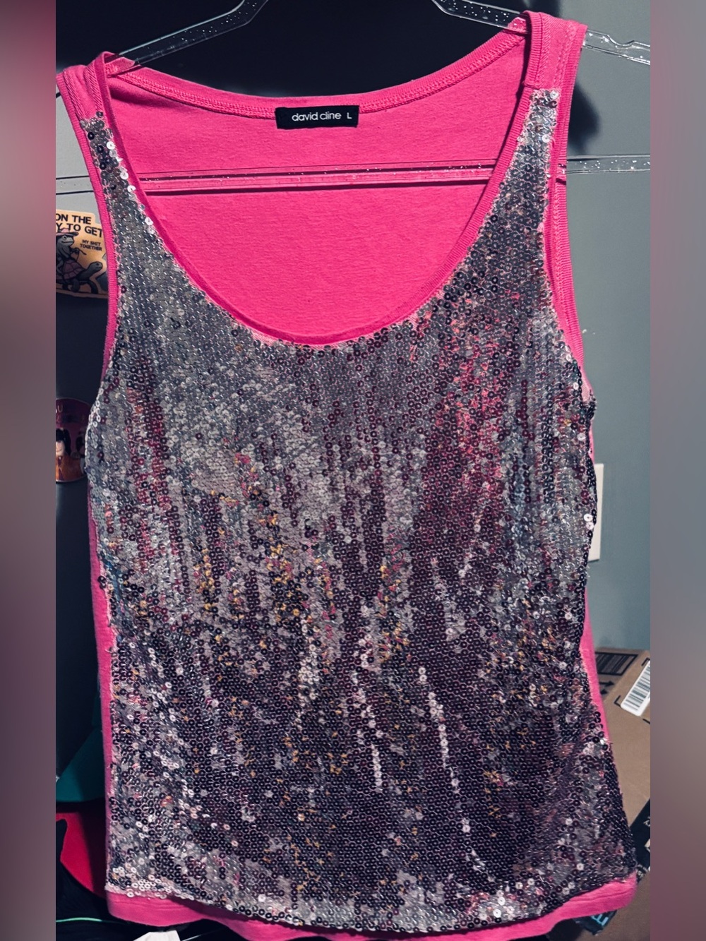 David Cline, M, 
 Hot Pink Tank with Silver Sequin Front, 100% cotton. Dry clean